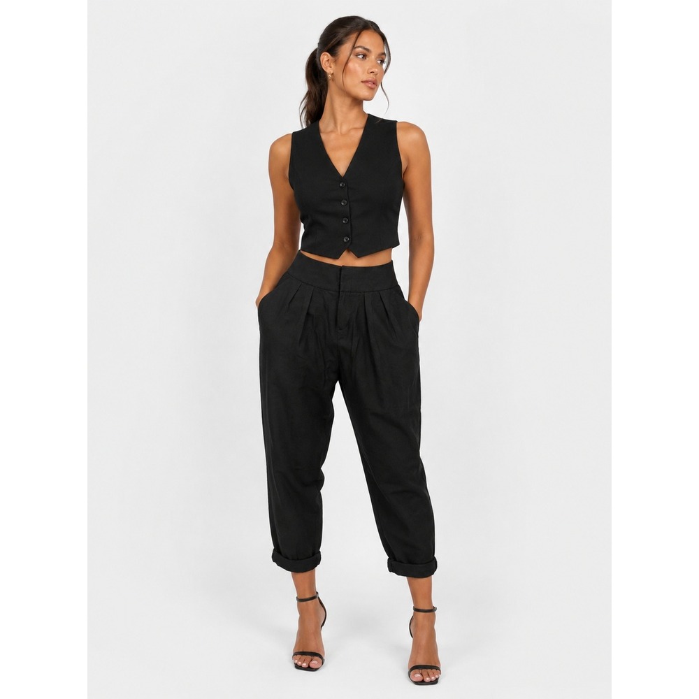 Coquille Anthropologie Black Silk Cotton Pleated Cropped Trousers Pants 6 S